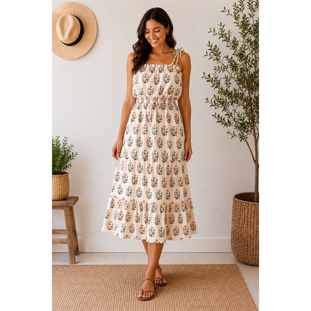tiered midi dress sleeveless 100% linen US 2